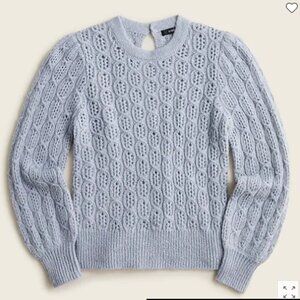 J. Crew Balloon Sleeve Pointelle Cable Knit Crewneck Sweater NWT Dusty Sky Med